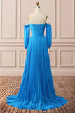 Blue A-Line Chiffon Pleated Split Long Party Prom HZ0307