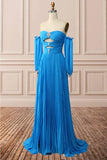 Blue A-Line Chiffon Pleated Split Long Party Prom HZ0307
