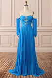 Blue A-Line Chiffon Pleated Split Long Party Prom HZ0307