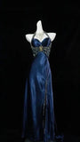 Charming Blue Halter Pleated Senior Prom Dresses Beaded Evening Formal HZ0307