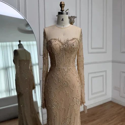 Charming Nude Lace Mermaid Prom Dresses Long Sleeves Party HZ0307