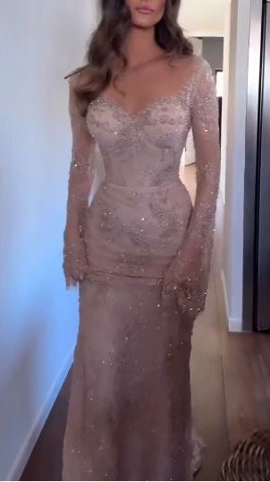 Charming Nude Lace Mermaid Prom Dresses Long Sleeves Party HZ0307