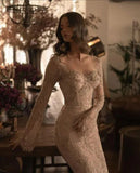 Charming Nude Lace Mermaid Prom Dresses Long Sleeves Party HZ0307