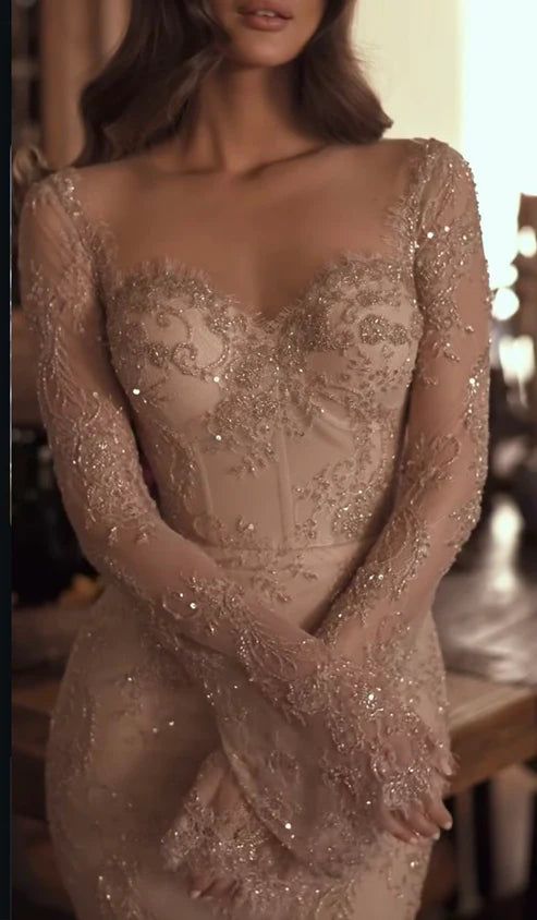 Charming Nude Lace Mermaid Prom Dresses Long Sleeves Party HZ0307