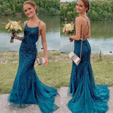 Charming Dark Teal Applique Mermaid Long Party Dress Prom Formal HZ0307