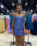 Chic Off The Shoulder Blue Lace Homecoming Dress, HZ0307