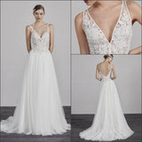 Classic Lace V Back Wedding Dresses White A-Line Bridal HZ0307