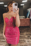 Classic Sequin Bodycon Homecoming Dresses Hot Pink Cocktail Dress, HZ0307