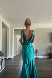 Classy A line V Neckline Blue Satin Sleeveless Long Prom Dresses HZ0307