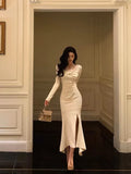 Classy Mermaid Long Sleeves Ivory Slit Prom Dresses Birthday Outfits Evening Gown, HZ0307