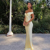 Classy Mermaid Off The Shoulder Yellow Satin Long Evening Dress Prom Dresses , HZ0307