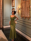 Classy Mermaid Straps Green Satin Prom Dresses Birthday Outfits , HZ0307