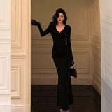 Classy Mermaid V Neckline Long Sleeves Black Prom Dresses Birthday Outfits , HZ0307