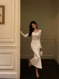 Classy Sheath Long Sleeves White Prom Dresses Birthday Outfits Evening Gown , HZ0307
