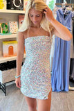 Colorful Sequin Bodycon Homecoming Dresses Tight Strapless Graduation Dress Short Party Gown, HZ0307
