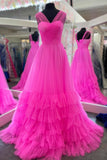 Cross Front Hot Pink Tulle A-line Long Prom HZ0307