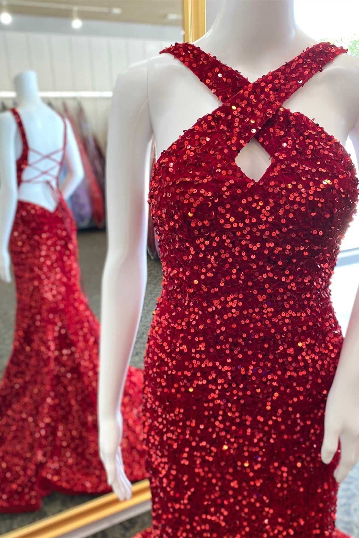 Cross Front Red Sequin Mermaid Formal HZ0307