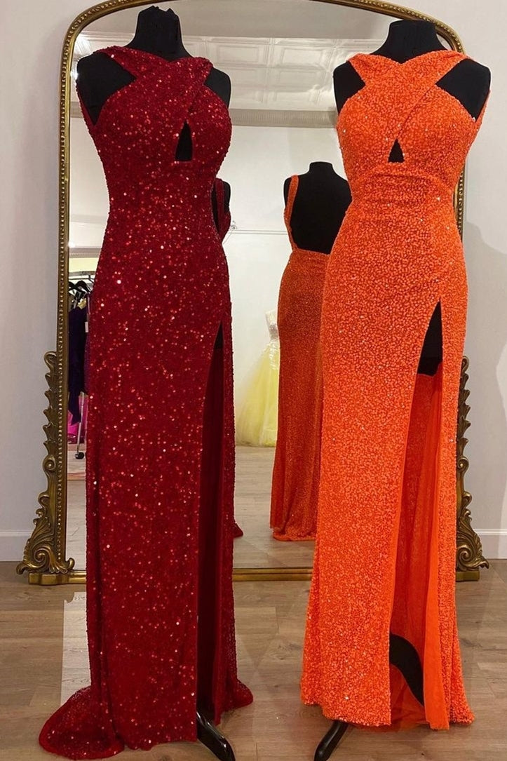 Cross Front Sequin Mermaid Long Formal Dress with Open HZ0307