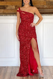 Cross One Shoulder Neon Pink Sequins Mermaid Long Formal HZ0307