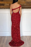 Cross One Shoulder Neon Pink Sequins Mermaid Long Formal HZ0307