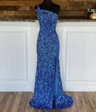 Cross One Shoulder Neon Pink Sequins Mermaid Long Formal HZ0307