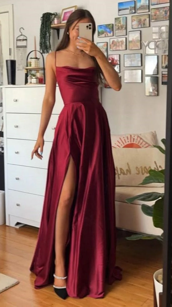 Custom Made Burgundy Satin Prom Dresses Cross Back Evening Party HZ0307
