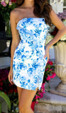 Cute Blue Floral Homecoming Dresses Strapless Bodycon Short Prom HZ0307