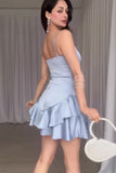 Cute Grey Blue Ruffle Homecoming Dress Short Party Dresses, HZ0307