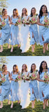 Cute Light Blue Midi Dress Silk Satin Bridesmaid Dress With Tie Up Straps, HZ0307