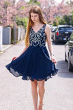 LTP1404,Navy Blue Chiffon Beaded A-Line Homecoming Dresses Short Prom HZ0307