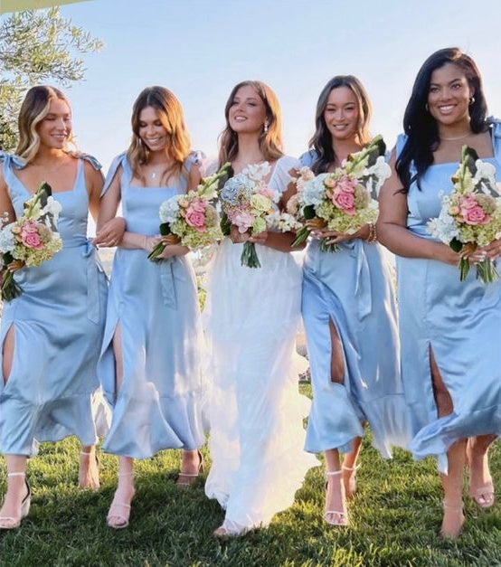 Cute Light Blue Midi Dress Silk Satin Bridesmaid Dress With Tie Up Straps, HZ0307