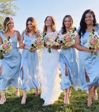 Cute Light Blue Midi Dress Silk Satin Bridesmaid Dress With Tie Up Straps, HZ0307