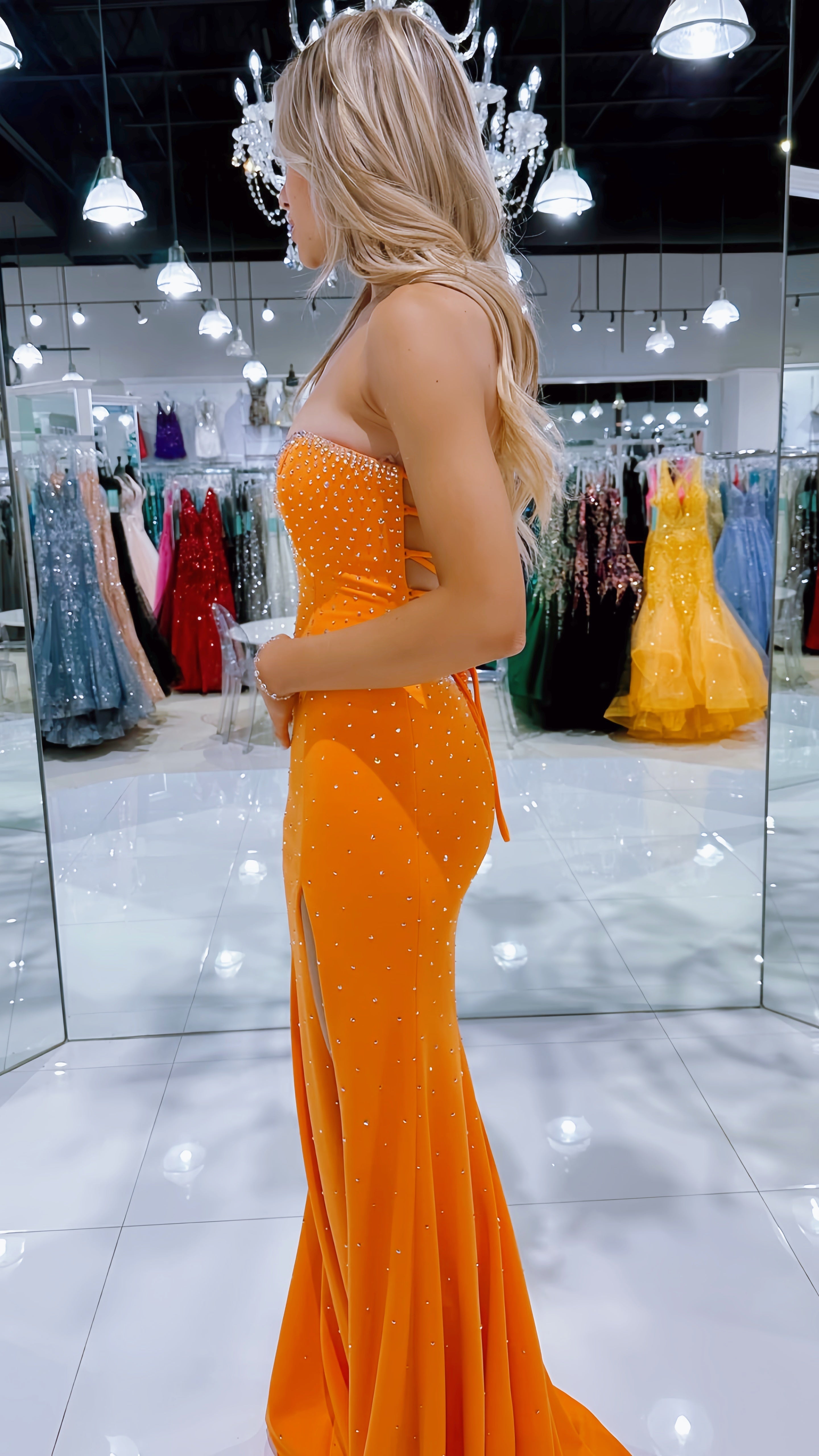 Cute Orange Beaded Split Mermaid Prom Dresses Long Celebrity HZ0307