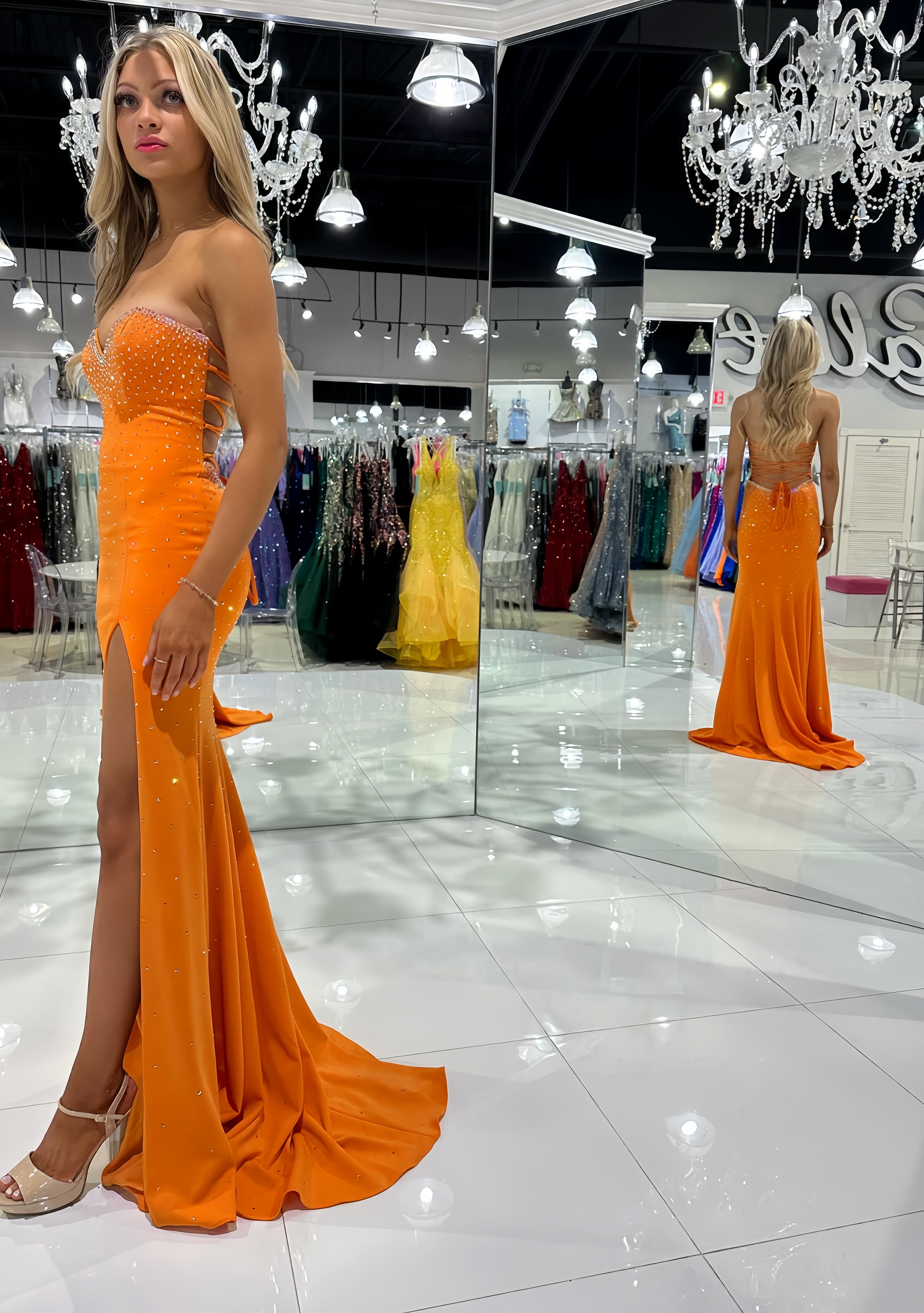 Cute Orange Beaded Split Mermaid Prom Dresses Long Celebrity HZ0307