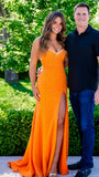 Cute Orange Beaded Split Mermaid Prom Dresses Long Celebrity HZ0307