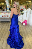 Royal Blue Mermaid Strapless Appliques Ruffle Prom Dress with HZ0307