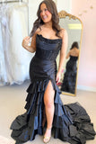 Royal Blue Mermaid Strapless Appliques Ruffle Prom Dress with HZ0307