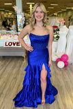 Royal Blue Mermaid Strapless Appliques Ruffle Prom Dress with HZ0307