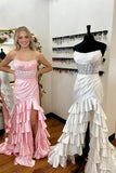 Royal Blue Mermaid Strapless Appliques Ruffle Prom Dress with HZ0307