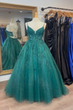 Emerald Spaghetti Strap Lace Applique Sequin Prom HZ0307