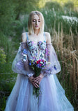 LTP1005,Purple tulle evening dress a-line prom dresses floral formal HZ0307