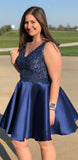 Dark Blue A-Line Homecoming Dresses Appliques Mini Party Gown, HZ0307