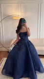 Dark Blue A-Line Prom Dress Strapless Floral Applique Evening Dance HZ0307