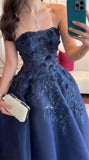 Dark Blue A-Line Prom Dress Strapless Floral Applique Evening Dance HZ0307