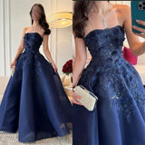 Dark Blue A-Line Prom Dress Strapless Floral Applique Evening Dance HZ0307