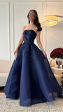 Dark Blue A-Line Prom Dress Strapless Floral Applique Evening Dance HZ0307