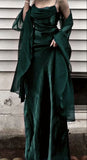 Dark Green Sheath Silk Satin Prom Dresses With Chiffon HZ0307