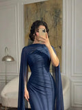 Dark Navy Asymmetric Pleated Sleeveless Prom Dress With HZ0307