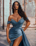 Off Shoulder Beaded Prom Dress - Long Satin Evening HZ0307