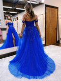 Royal Blue Off The Shoulder A-Line Beaded Appliques Evening Party Dress, Tulle Long Prom HZ0307
